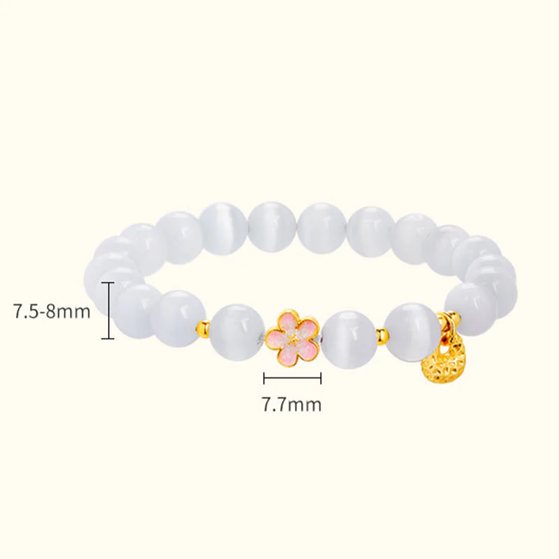 Buddha Stones 925 Sterling Silver Peach Blossom Lucky Bag White Cat's Eye Luck Bracelet