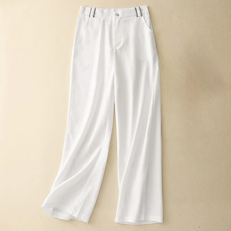 Buddha Stones Casual Straight Leg Design Women's Cotton Linen Pants With Pockets