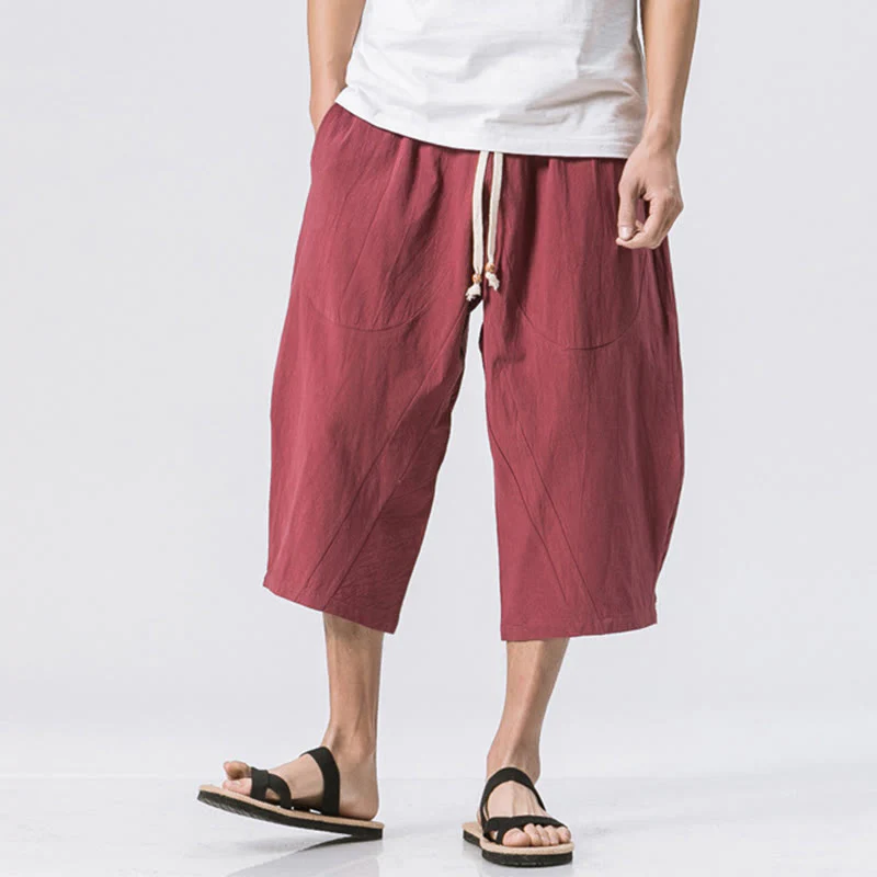 Buddha Stones Summer Casual Simple Plain Design 7-8 Length Men's Cotton Linen Drawstring Pants With Pockets