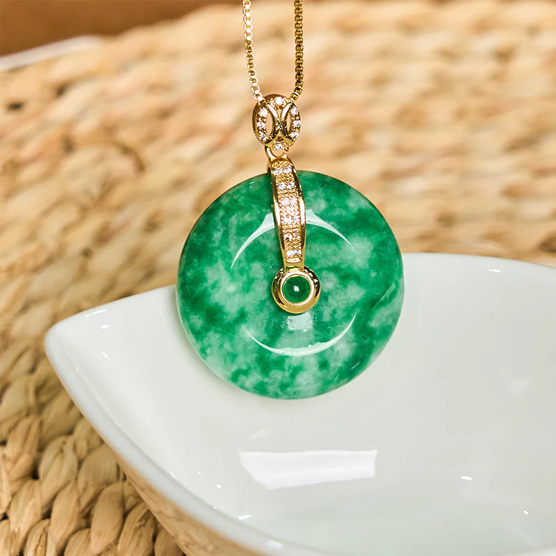 Buddha Stones Natural Cyan Jade Peace Buckle Healing Necklace Pendant