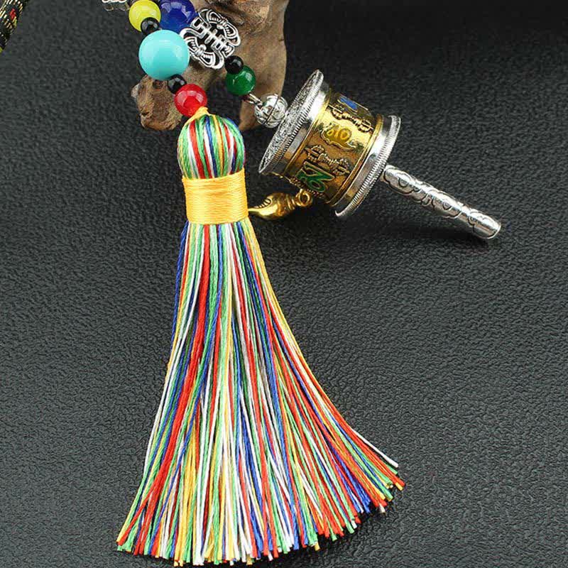 Buddha Stones Tibet Om Mani Padme Hum Prayer Wheel Tassel Bag Car Hanging Decoration