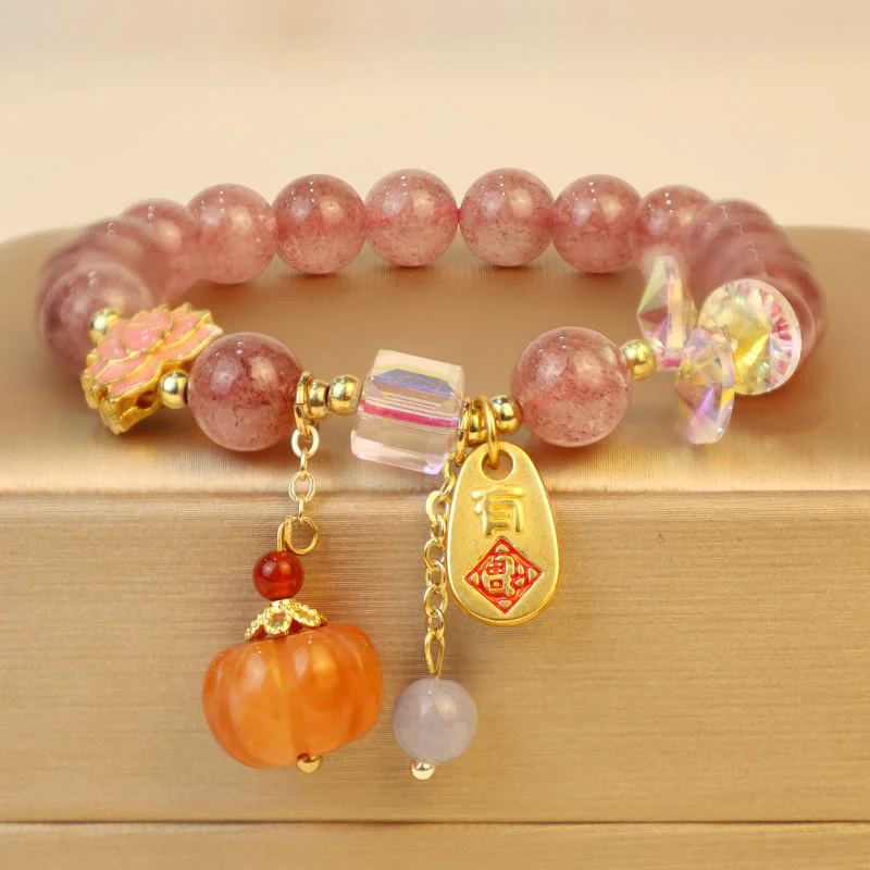 Buddha Stones Natural Strawberry Quartz Fu Character Pumpkin Charm Positive Bracelet