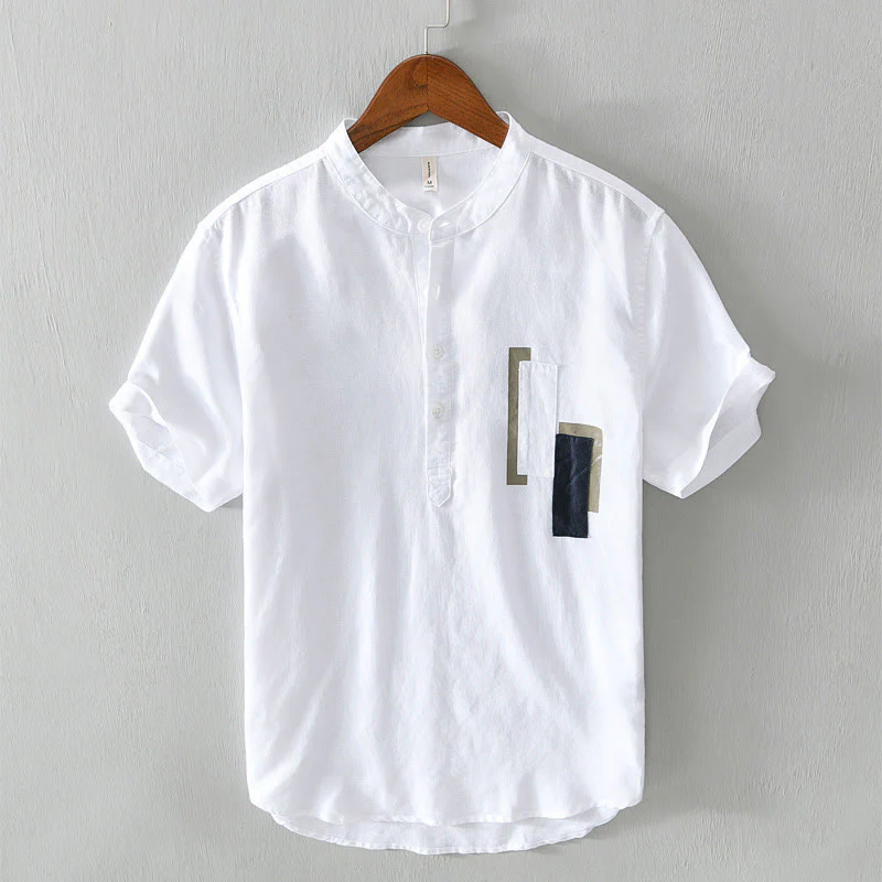 Buddha Stones Daily Plain Patch Color Matching Design Men's Short Sleeve Cotton Linen Shirt