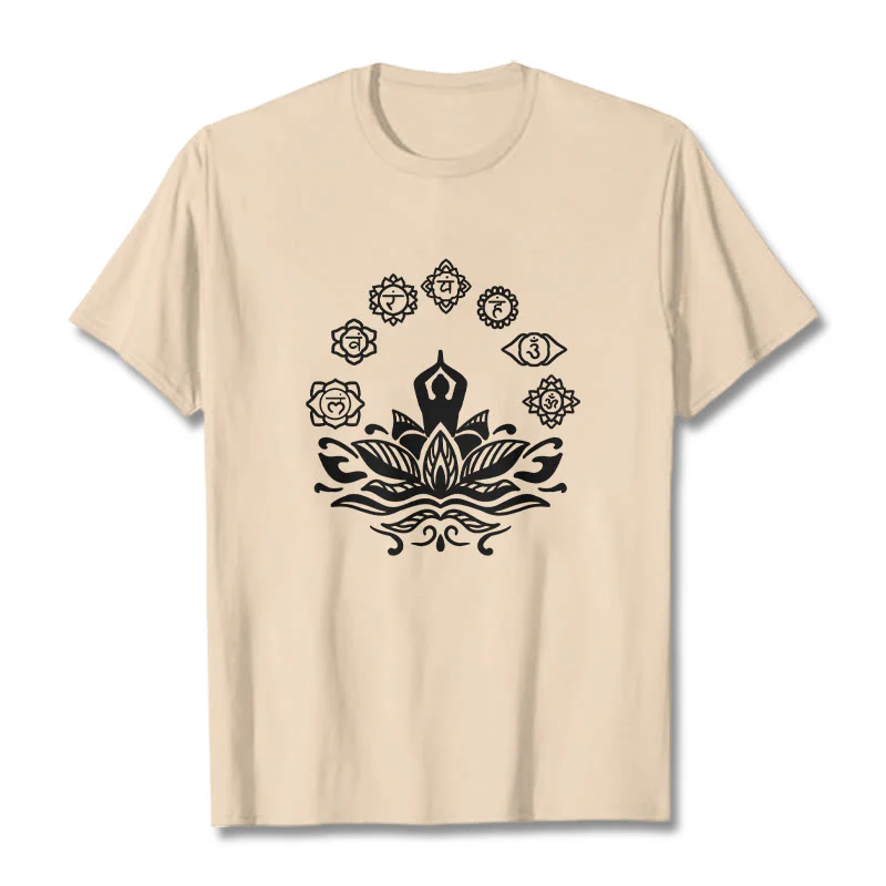 Buddha Stones Casual Meditating Figure Lotus Flower Seven Chakras Pattern Cotton Tee T-Shirt