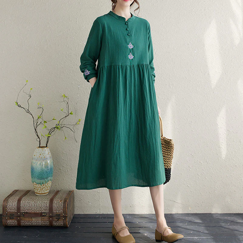 Buddha Stones Fall Ethnic Embroidery Cotton Linen Midi Dress With Pockets