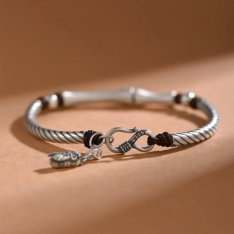 Buddha Stones 999 Sterling Silver Bamboo Pattern Cicada Luck Wealth Bracelet