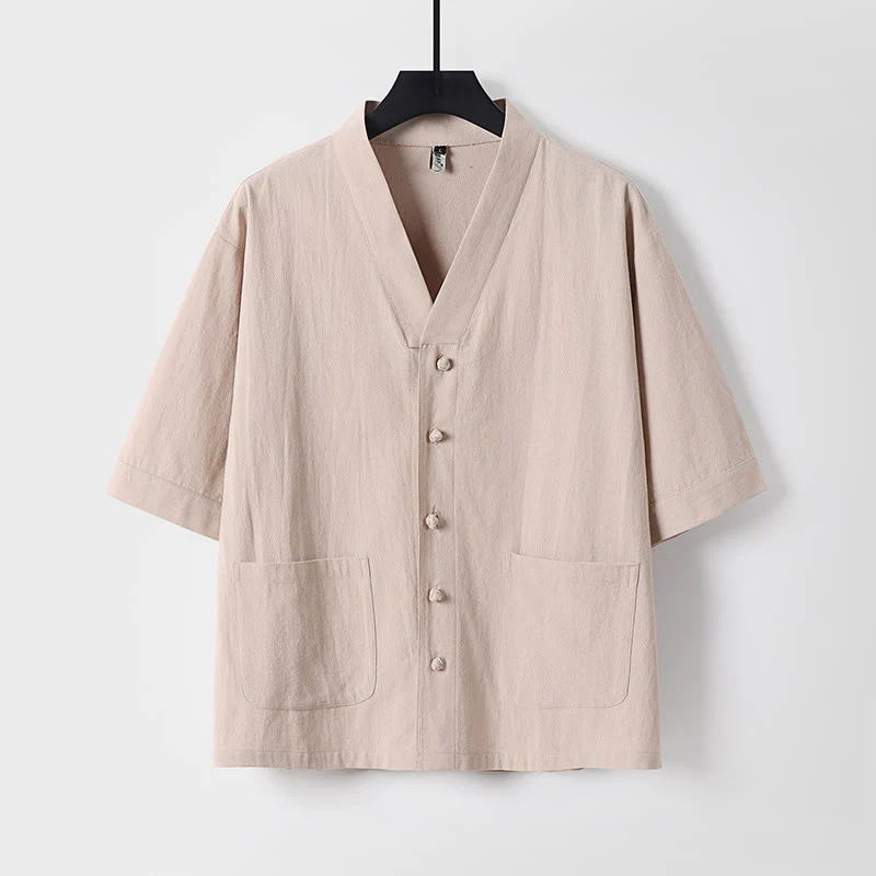 Buddha Stones 2Pcs Summer V-Neck Cotton Shirt Pants With Pockets Men's Meditation Cloth Set