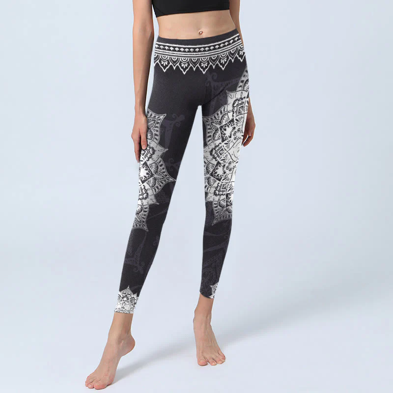 Buddha Stones Black Mandala Flowers Print Exercise Leggings Women's Yoga Pants