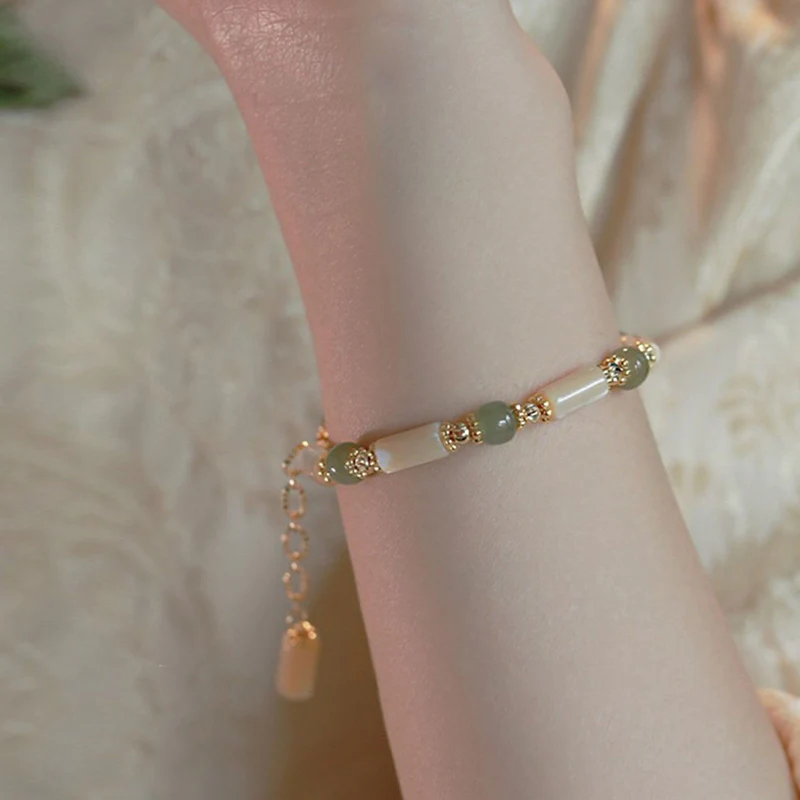 Buddha Stones 14K Gold Plated Tridacna Stone Hetian Jade Bead Bamboo Pattern Bracelet