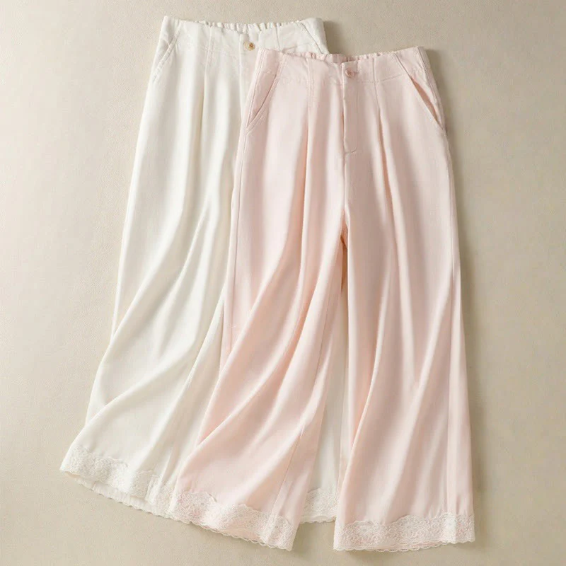 Buddha Stones Casual Lace Patchwork Design High Waist Women's Wide Leg Ankle-Length Pants With Pockets Zipper