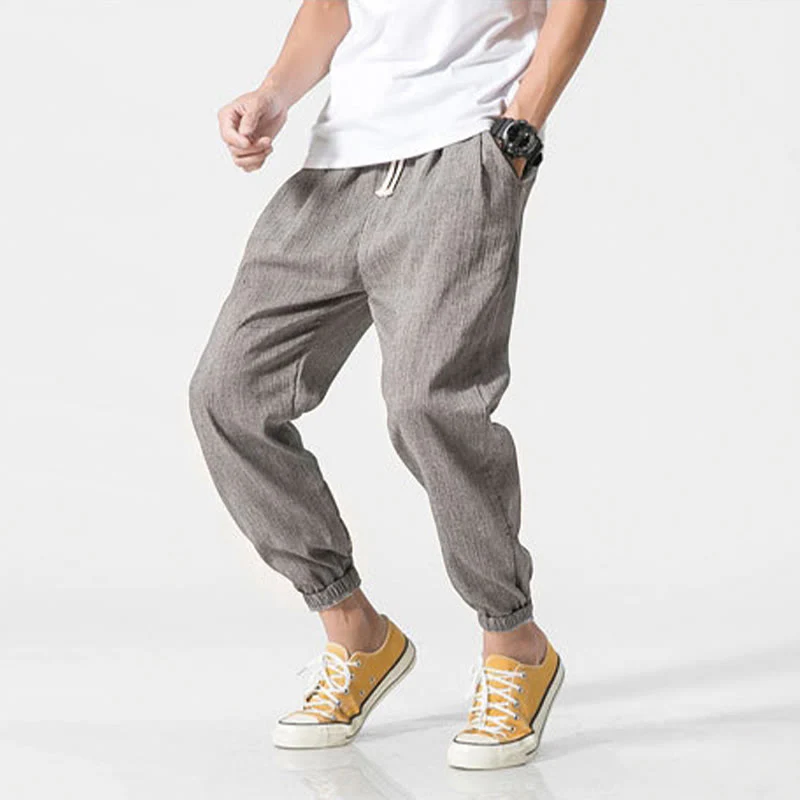 Buddha Stones Simple Drawstring Design Linen Men's Pants With Pockets