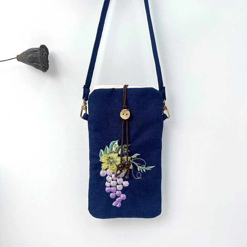 Buddha Stones Small Embroidered Flowers Crossbody Bag Shoulder Bag Cellphone Bag 11*20cm