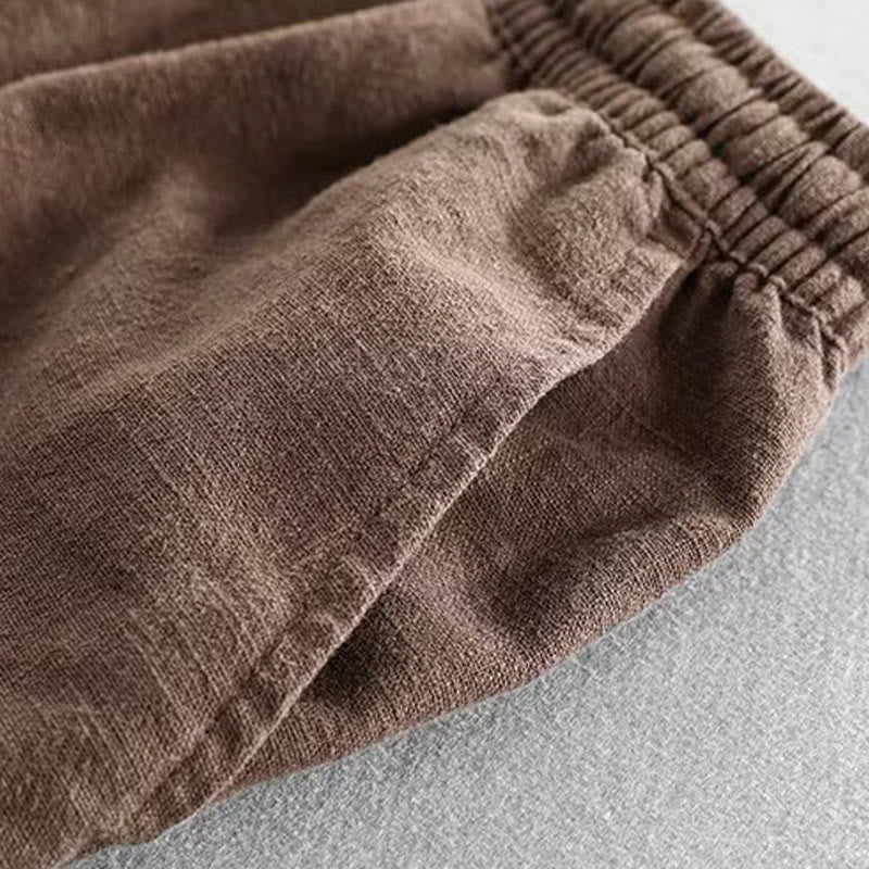 Buddha Stones Drawstring Elastic Waist Cotton Linen Men's Shorts With Pockets