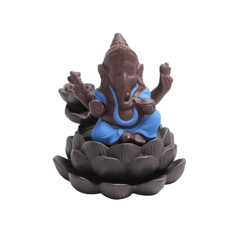 Buddha Stones Ganesh Elephant Purple Clay Backflow Smoke Fountain Protection Incense Burner