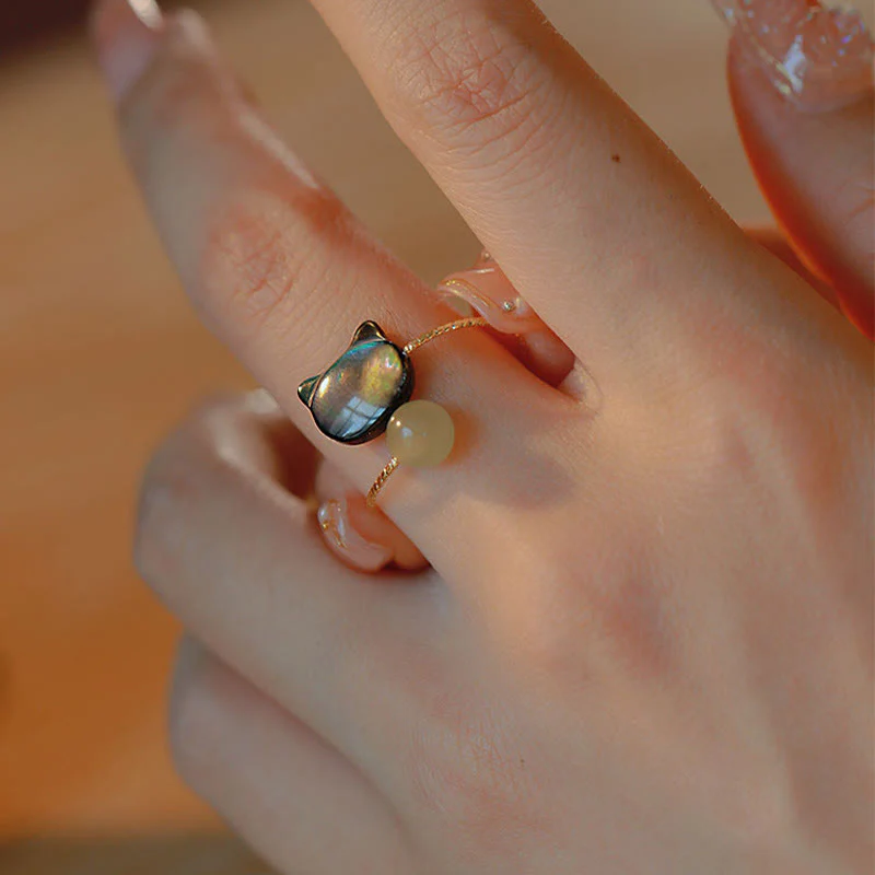 Buddha Stones Black Tridacna Stone Cat Jade Blessing Adjustable Ring