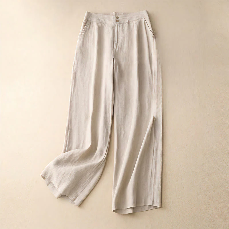 Buddha Stones Summer Casual Simple Design Linen Women's Wide Leg Pants With Zipper Pockets