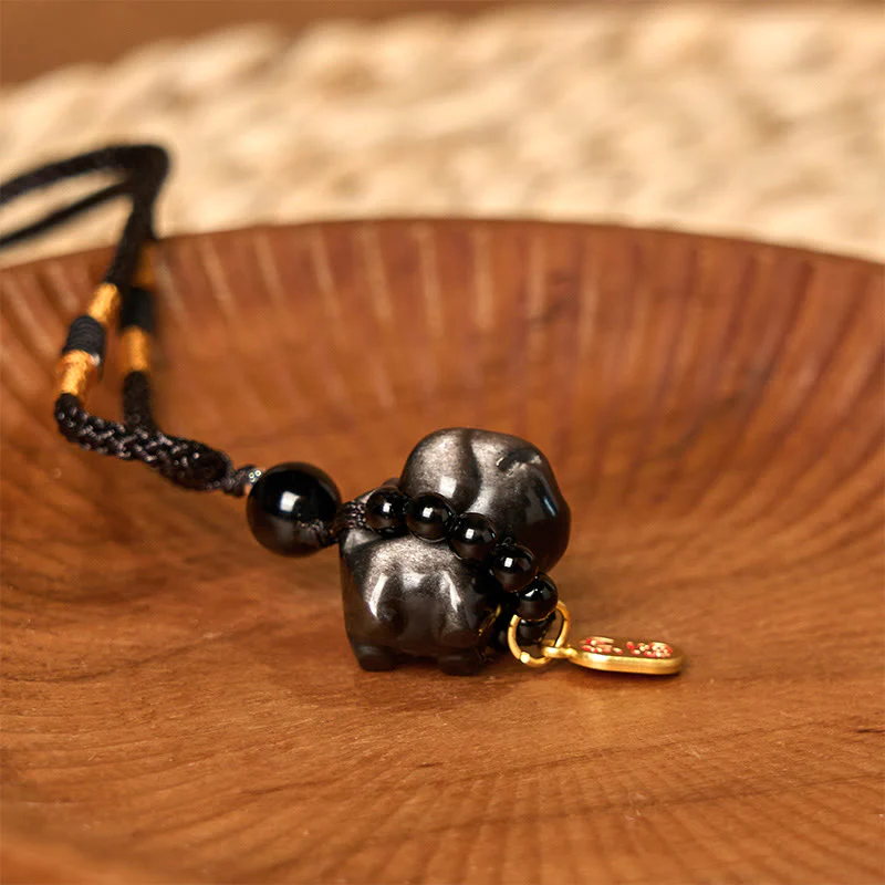 Buddha Stone Silver Sheen Obsidian Puppy Dog Fu Character Protection Necklace Phone Hanging Decoration