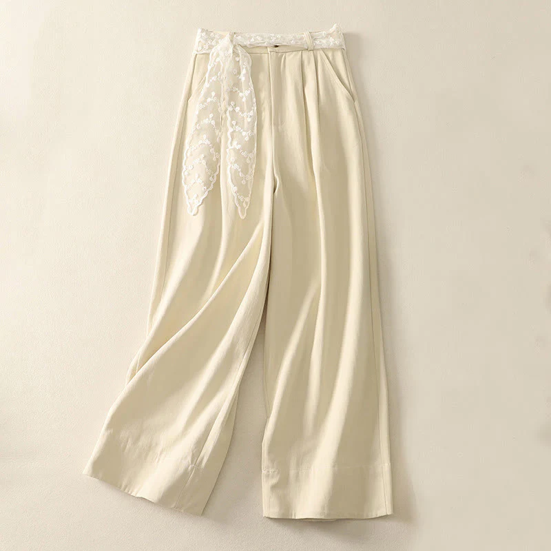 Buddha Stones Daily Solid Color Lace Belt Women's Wide Leg Cotton Pants With Pockets