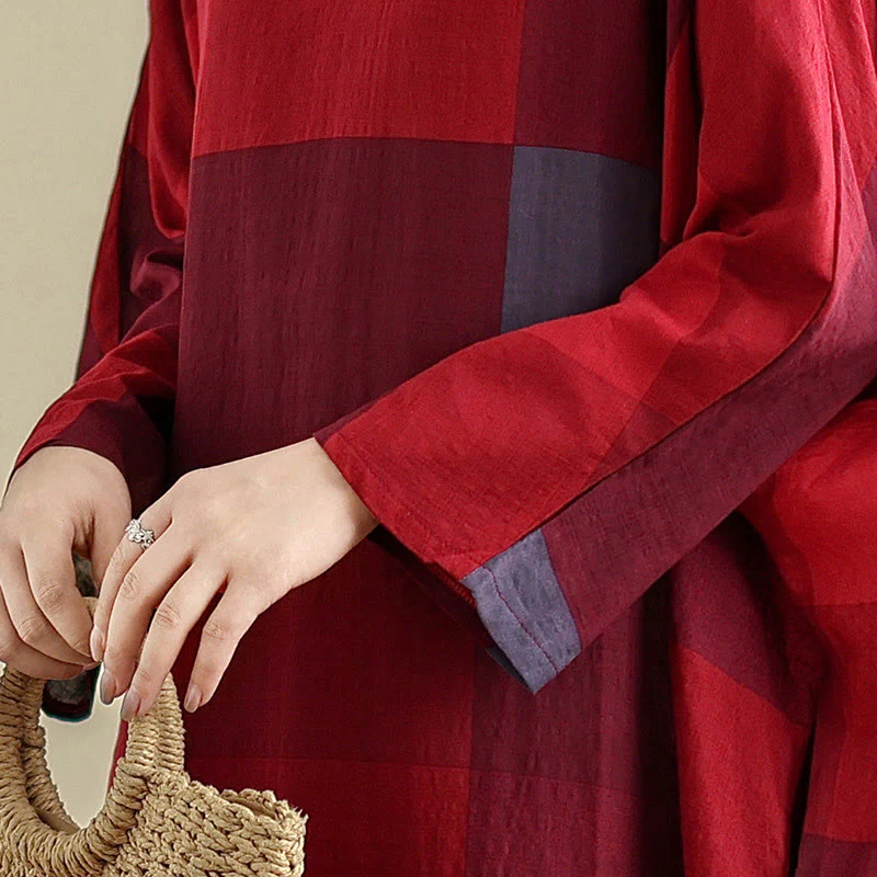 Buddha Stones Spliced Plaid Pattern Cotton Linen Women's Maxi Dress With Pockets