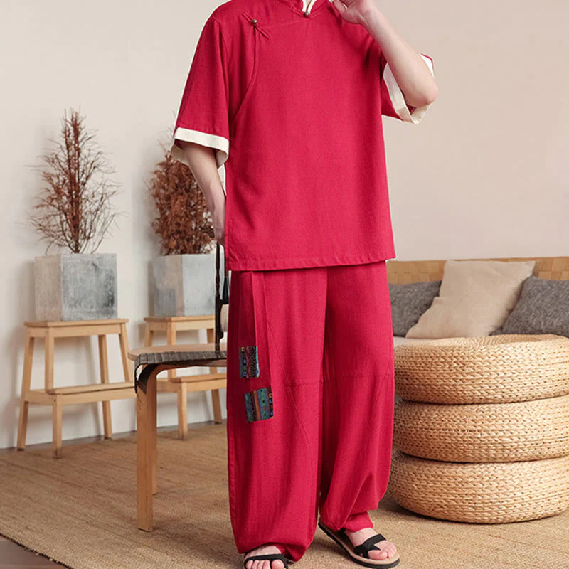 Buddha Stones 2Pcs Chinese Frog-button Men's Shirt Wide Leg Pants Meditation Cloth Set