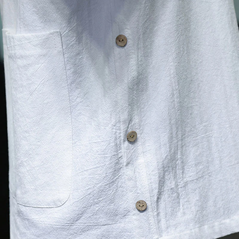 Buddha Stones Commute Plain Half Buttons Design Men's Cotton Linen Shirt With Pocket