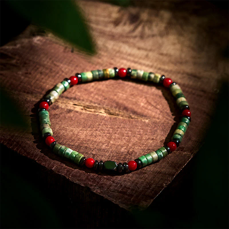 Buddha Stones Natural Green Stone Hematite Red Coral Powerful Bracelet