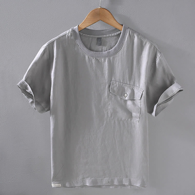 Buddha Stones Casual Simple Design Crew Neck Men's Short Sleeve Linen Shirt With Pocket
