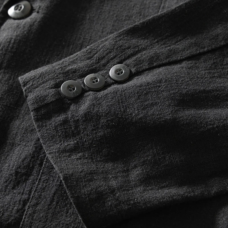 Buddha Stones Long Sleeve Button Placket Design Men's Cotton Linen Jacket Shirt With Pockets