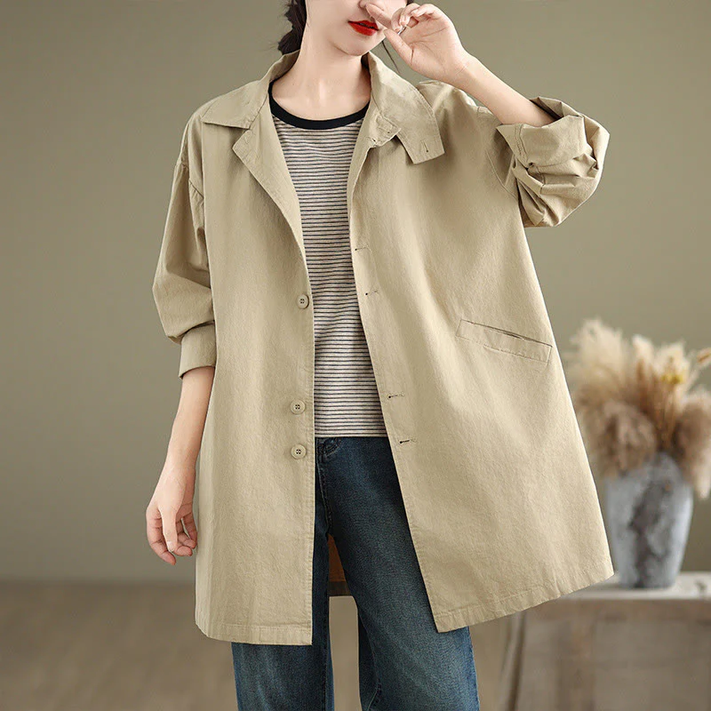 Buddha Stones Spring Plain Buttons Design Long Sleeve Women's Cotton Linen Jacket With Pockets