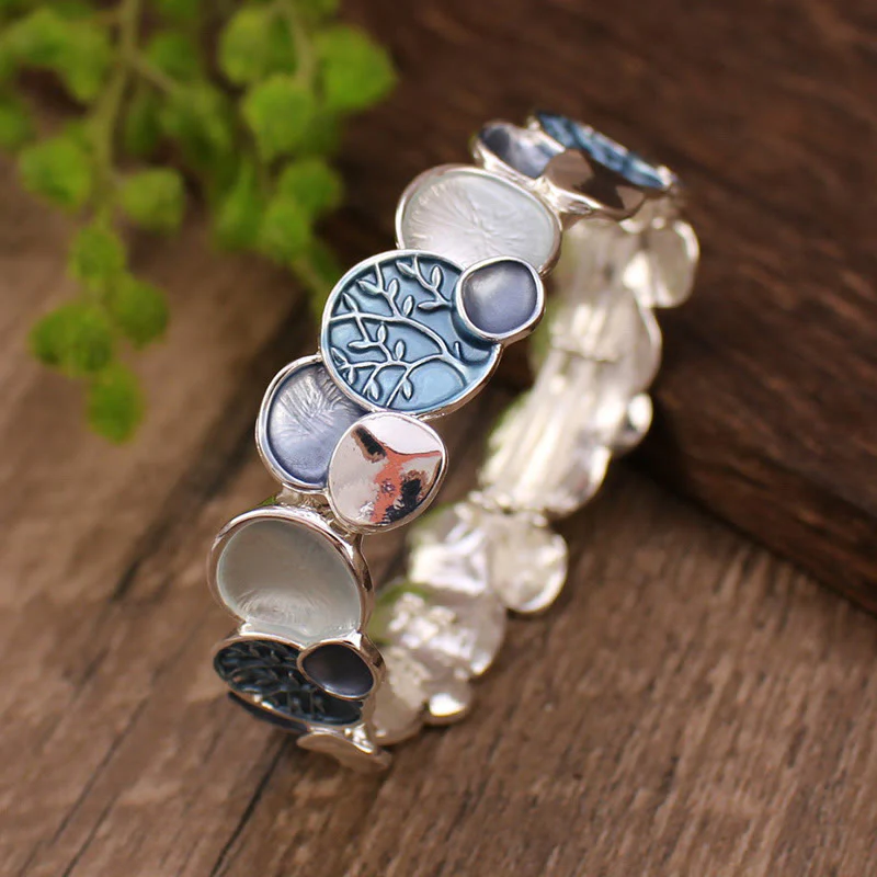 Buddha Stones The Tree Of Life Round Pattern Unity Alloy Elastic Bracelet Bangle