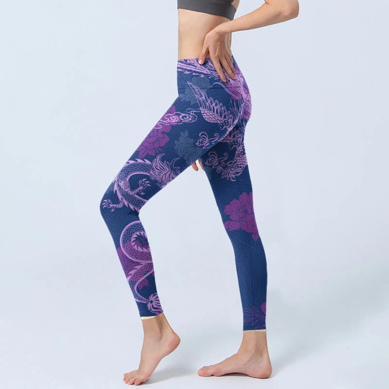Buddha Stones Purple Dragon Phoenix Flowers Print Gym Leggings Women's Yoga Pants