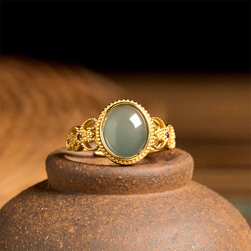 Buddha Stones Natural 925 Sterling Silver Plated Gold Hollow Design Jade Luck Ring