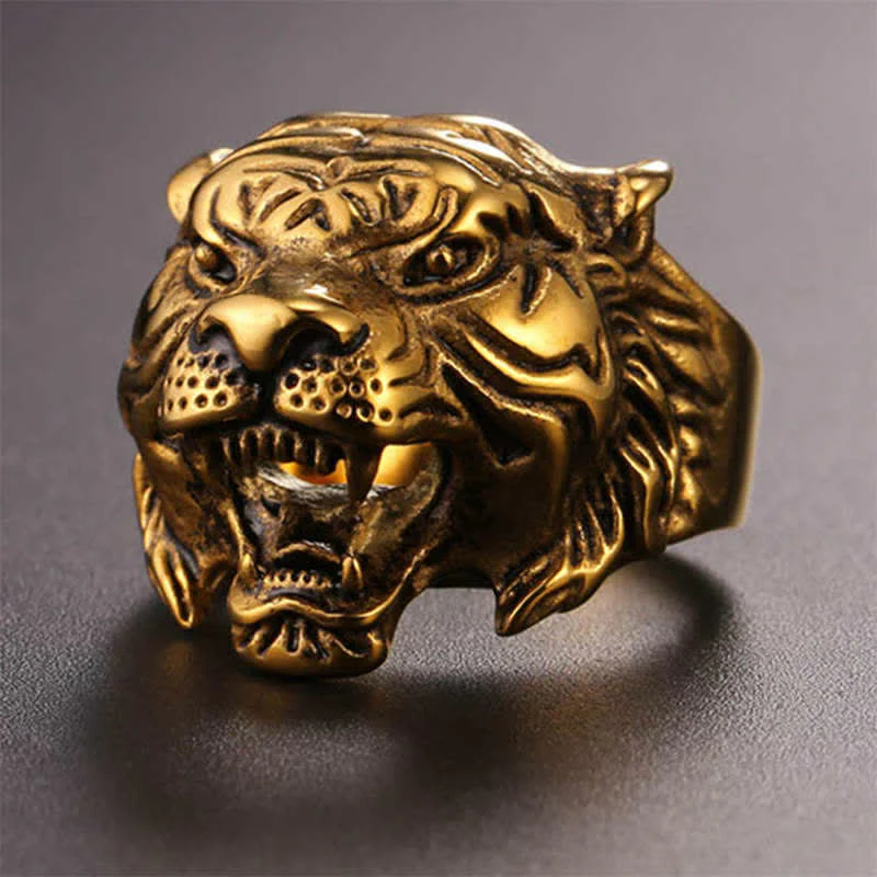 Buddha Stones Men's Animal Tiger Head Titanium Steel Balance Calm Punk Rock Biker Ring