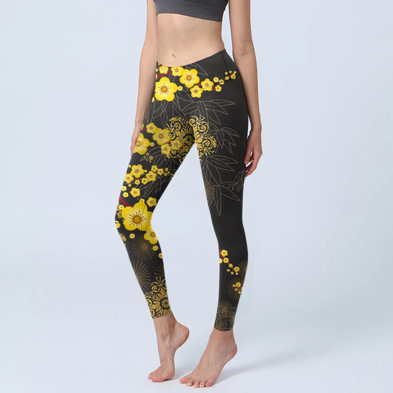 Buddha Stones Yellow Cherry Blossoms Bamboo Leaves Firework Pattern Print Gym Leggings Women's Yoga Pants