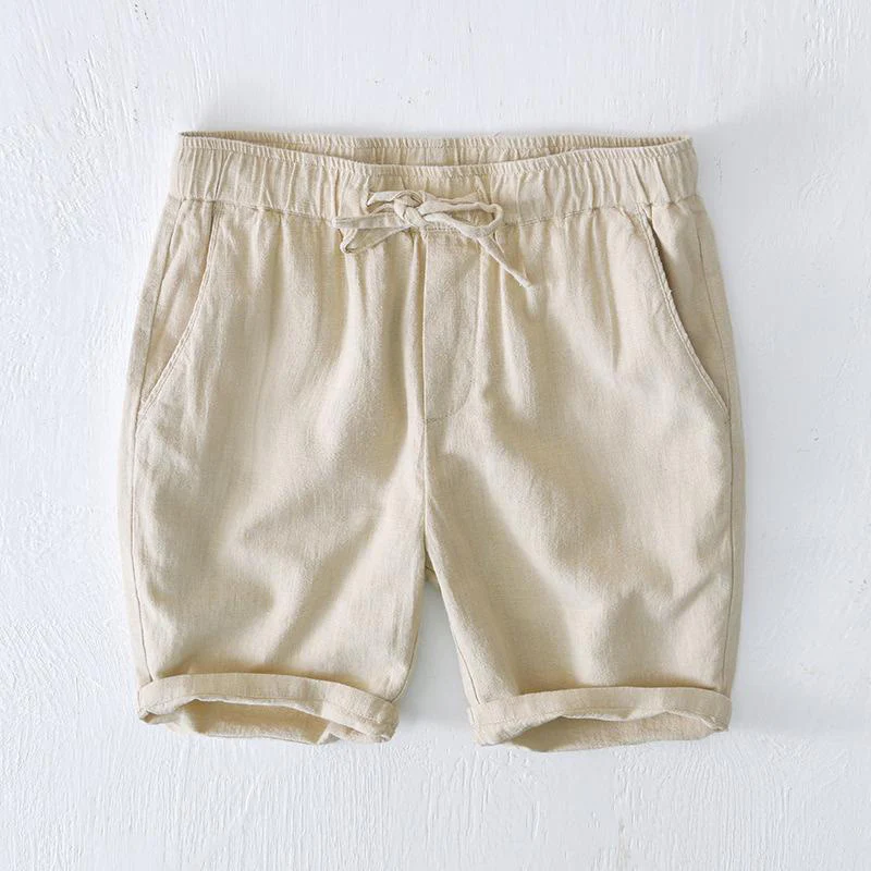 Buddha Stones Summer Solid Color Drawstring Elastic Waist Men's Cotton Linen Shorts With Pockets