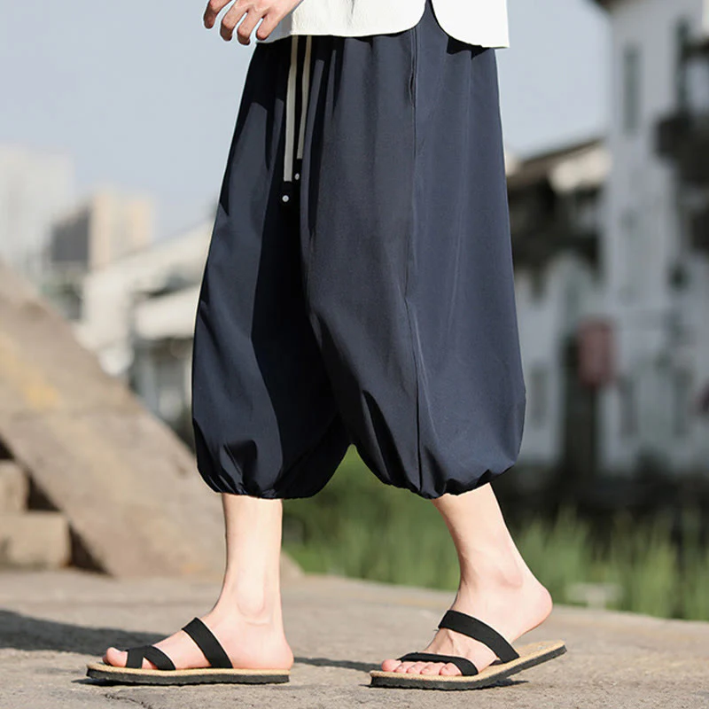 Buddha Stones Solid Drawstring Men's Capri Cropped Harem Pants With Pockets