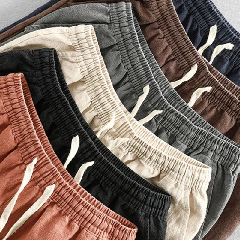 Buddha Stones Drawstring Elastic Waist Cotton Linen Men's Shorts With Pockets