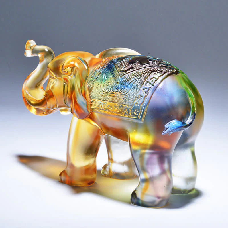 Buddha Stones Handmade Liuli Crystal Elephant Art Piece Wisdom Wealth Home Decoration