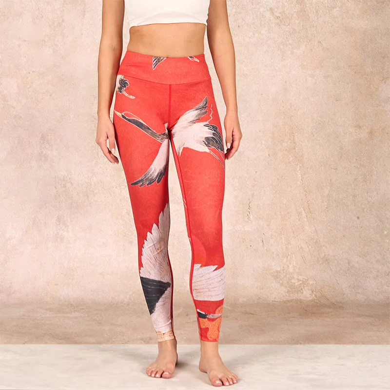 Buddha Stones Crane Print Lycra Fabric Fitness Leggings Women's Yoga Pants