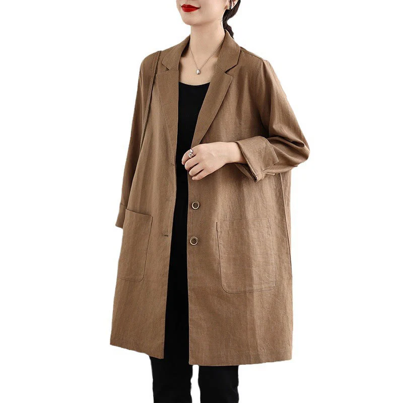 Buddha Stones Casual Fall Buttons Design Lapel Women's Cotton Linen Coat With Pockets