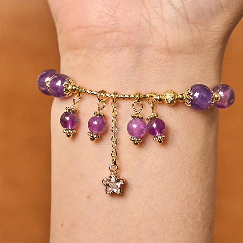 Buddha Stones Natural Amethyst Four Leaf Clover Star Peace Bracelet
