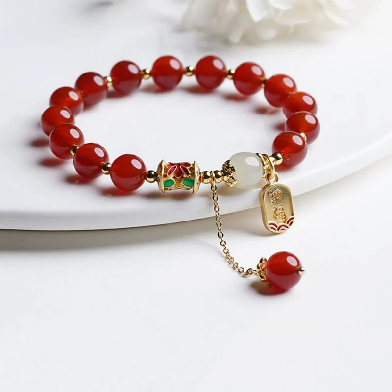Buddha Stones Natural Red Agate Hetian Jade Fu Character Confidence Charm Bracelet (Extra 30% Off | USE CODE: FS30)