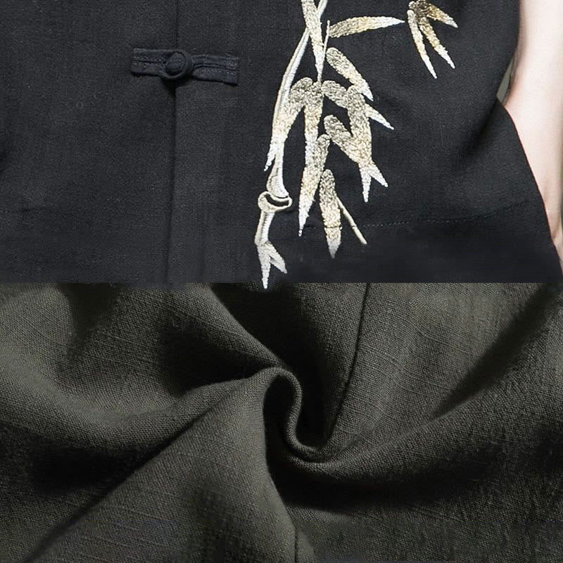 Buddha Stones Men's Frog-Button Bamboo Linen Half Sleeve Shirt