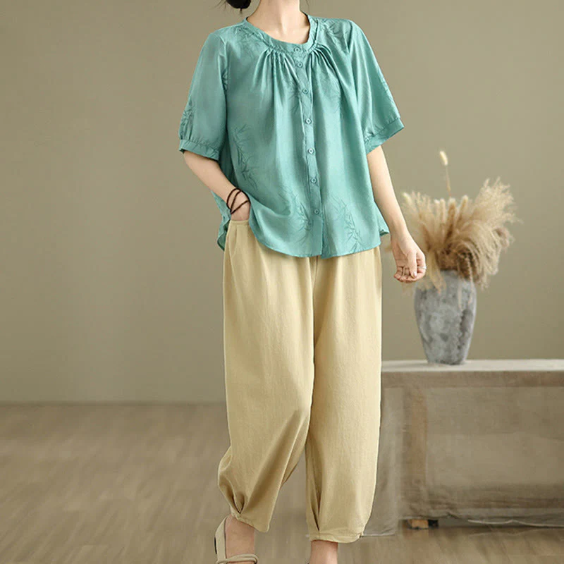 Buddha Stones 2pcs Casual Women's Short Sleeve Shirt Harem Pants Meditation Clothing Set