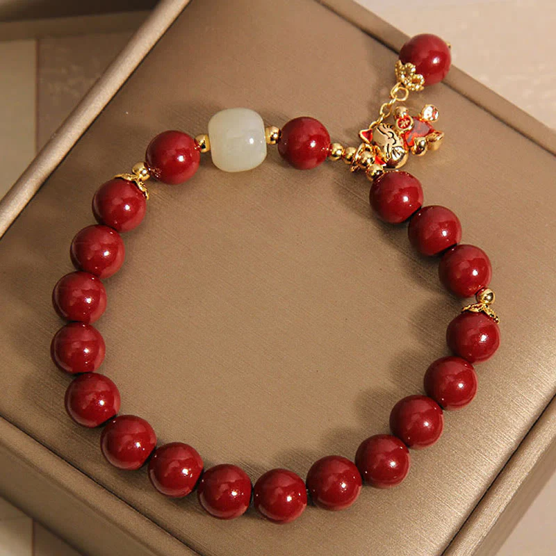 Buddha Stones Natural Lucky Cat Pendant Cinnabar Blessing Bracelet