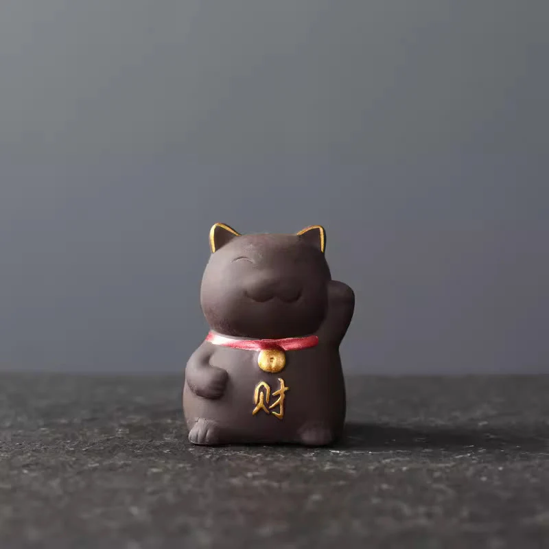 Buddha Stones Mini Lucky Cat Wealth Tea Pet Purple Clay Figurine Decoration