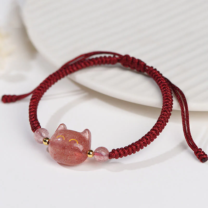 Buddha Stones Handmade Natural Silver Sheen Obsidian Strawberry Quartz Cute Cat Protection Braided Bracelet