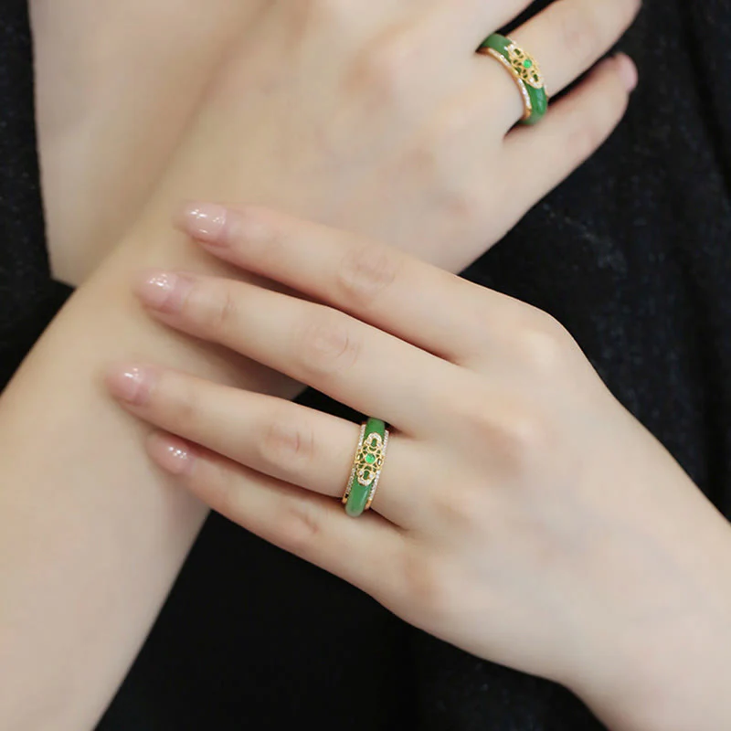 Buddha Stones 18K Gold Plated Natural Green Chalcedony Strength Ring