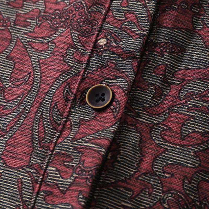 Buddha Stones Brown Retro Printing Floral Pattern Lapel Cotton Linen Midi Dress With Pockets