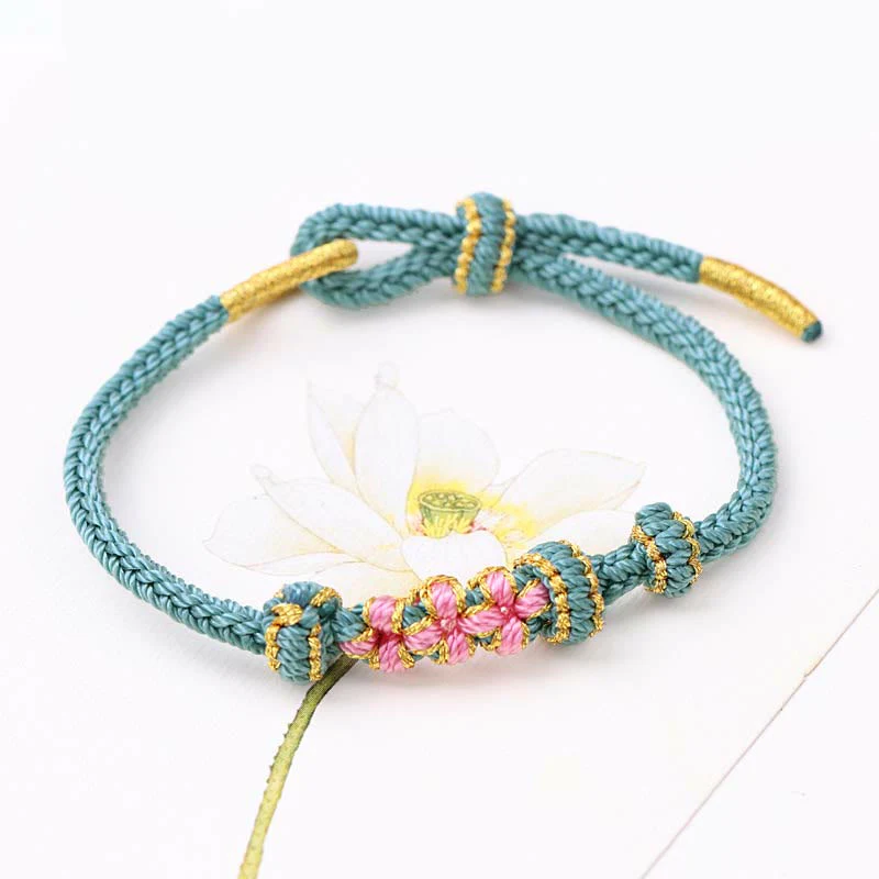 Buddha Stones Handmade Three Peach Blossoms Luck Eight Strands Braided String Bracelet